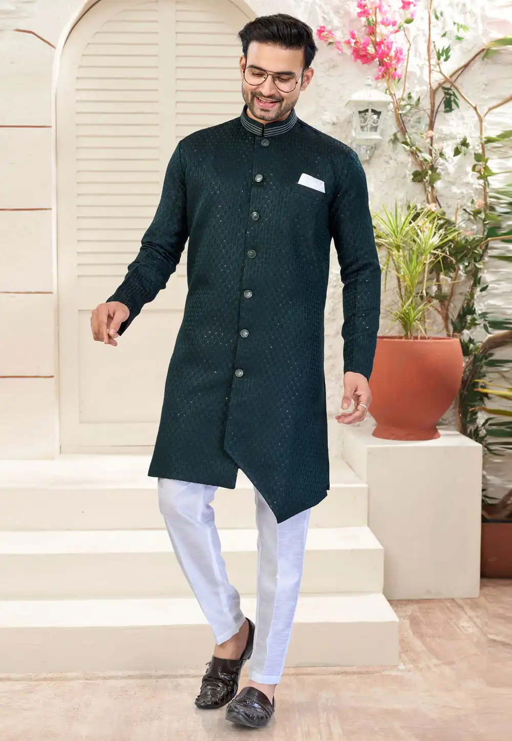 Green Jacquard Indo Western Suit 324619