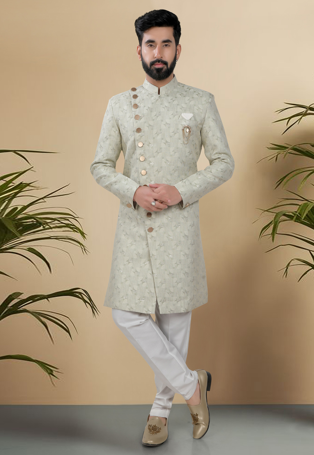 Green Jacquard Indo Western Suit 313067