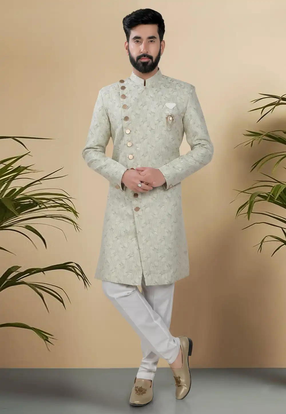 Green Jacquard Indo Western Suit 313067