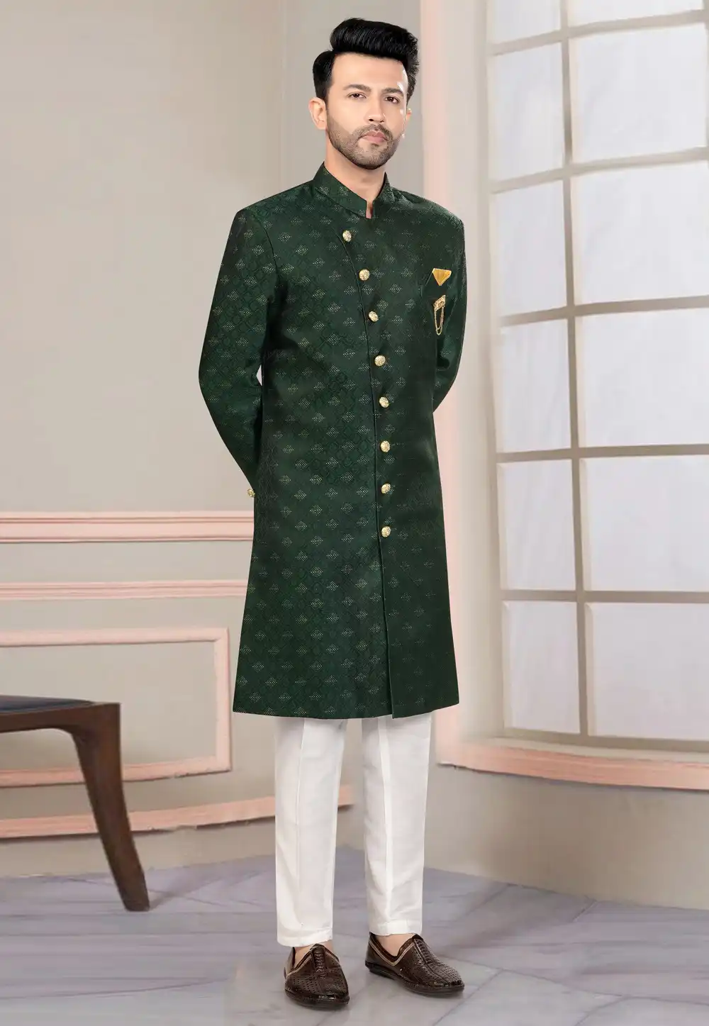 Green Jacquard Indo Western Suit 316090