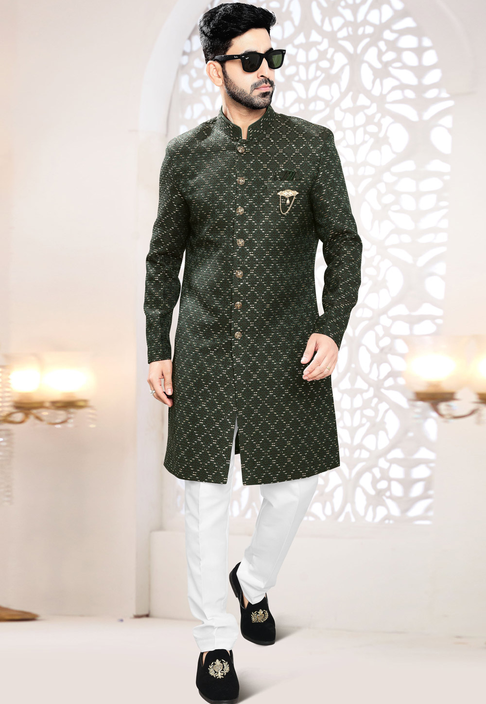 Green Jacquard Indo Western Suit 306461
