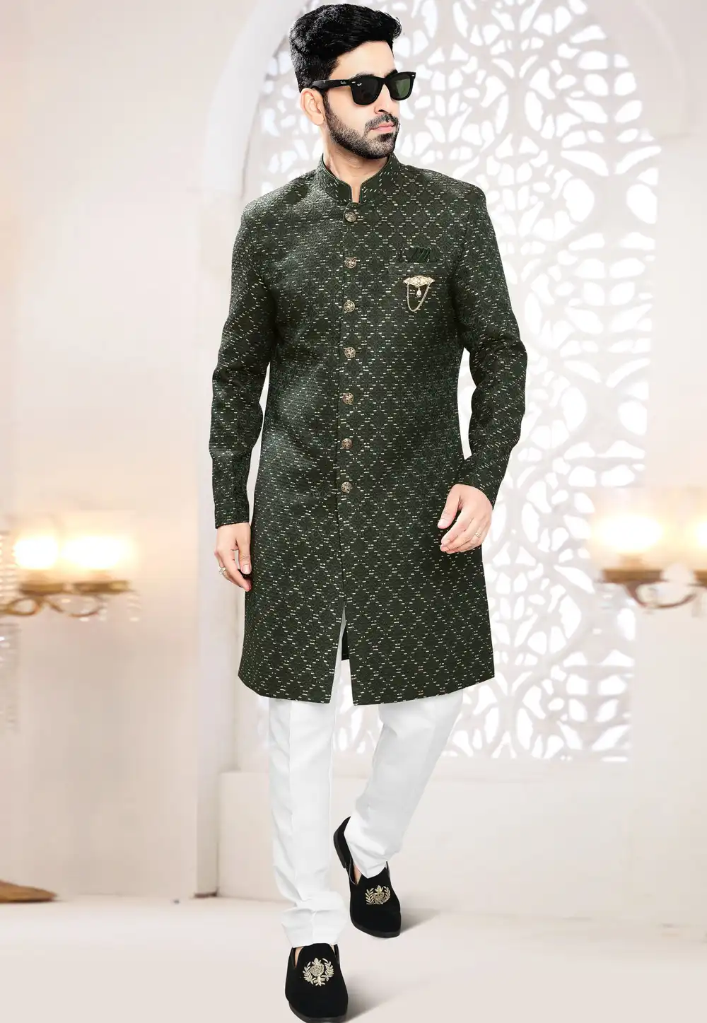 Green Jacquard Indo Western Suit 306461