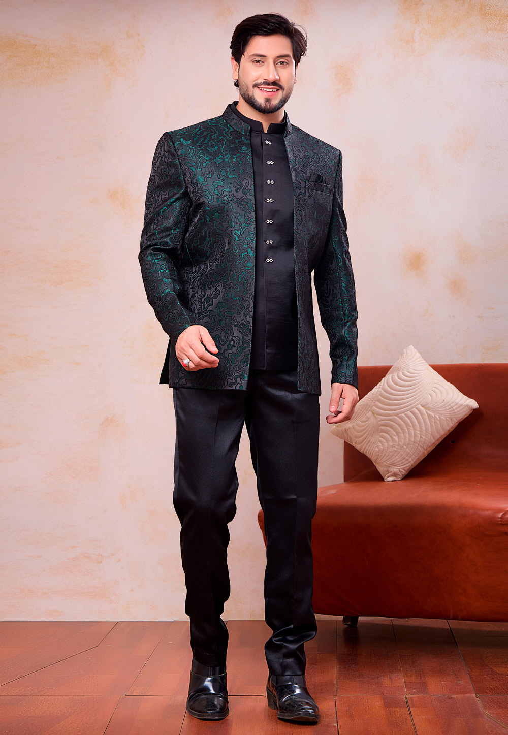 Green Jacquard Jodhpuri Suit 327090