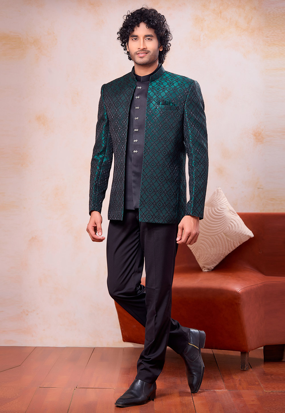 Green Jacquard Jodhpuri Suit 327092
