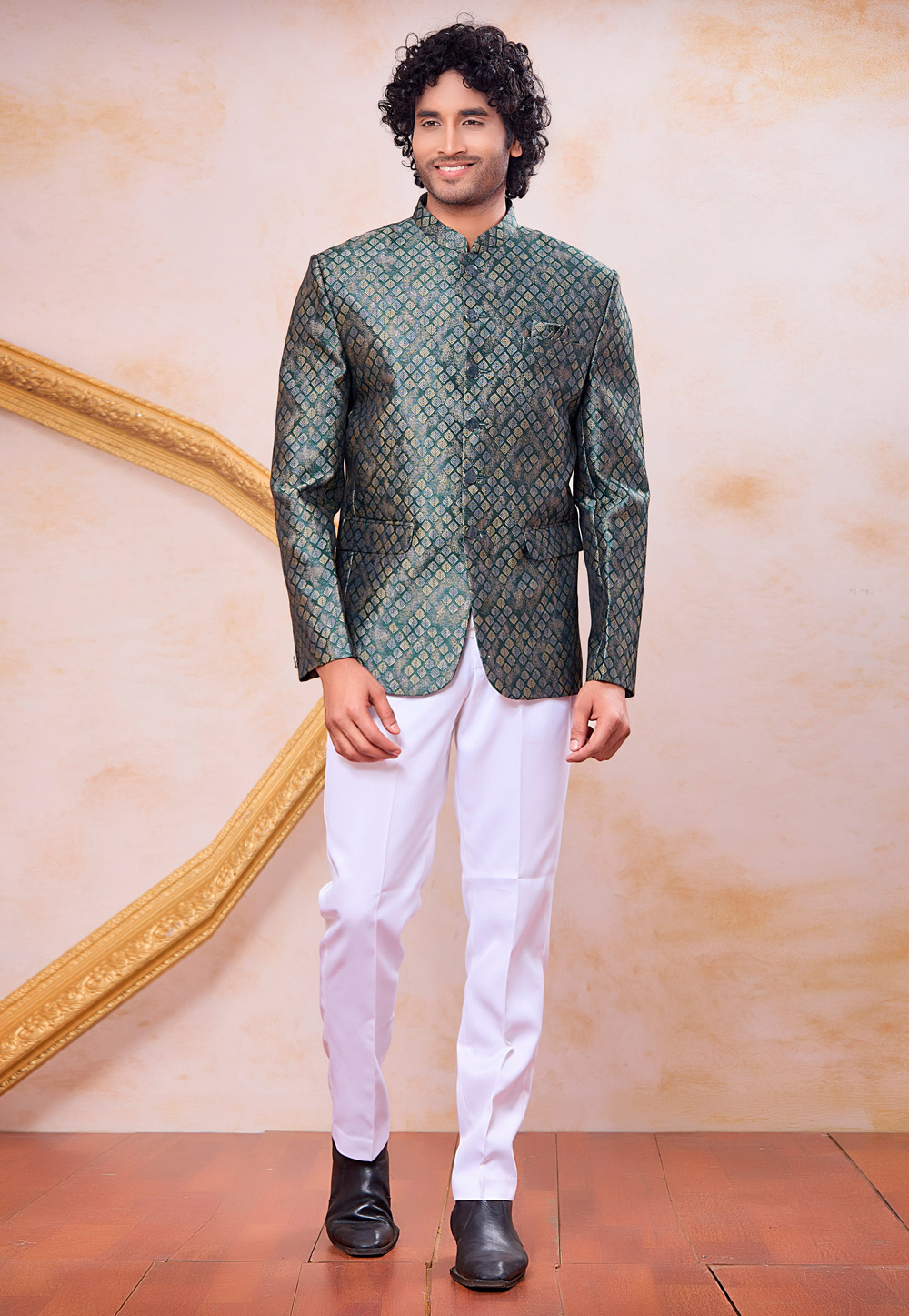 Green Jacquard Jodhpuri Suit 327096