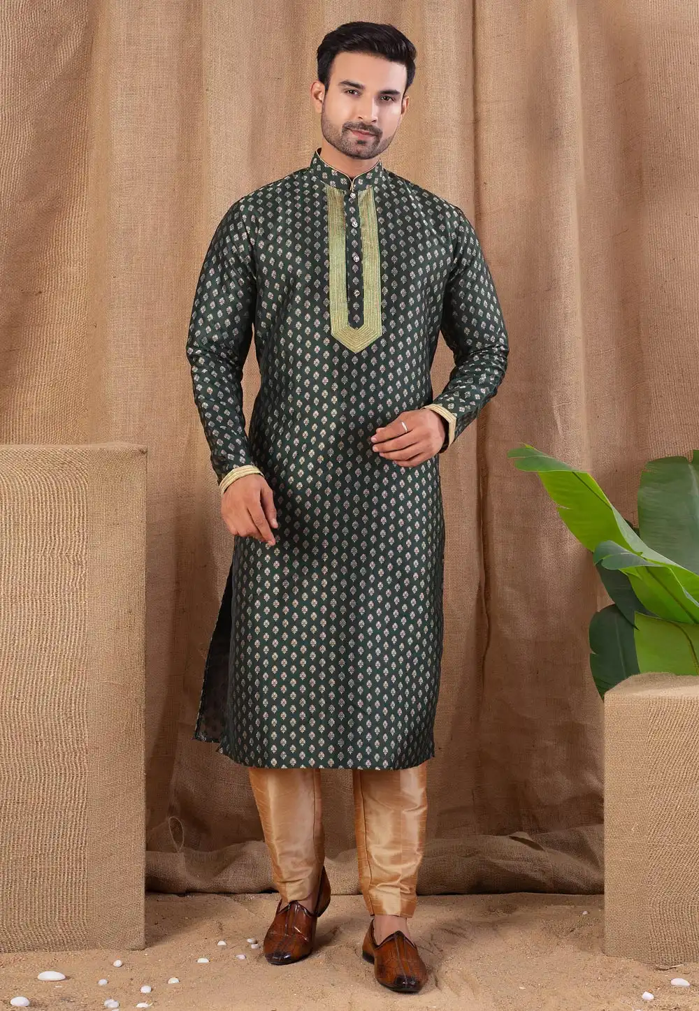 Green Jacquard Kurta Pajama 316422