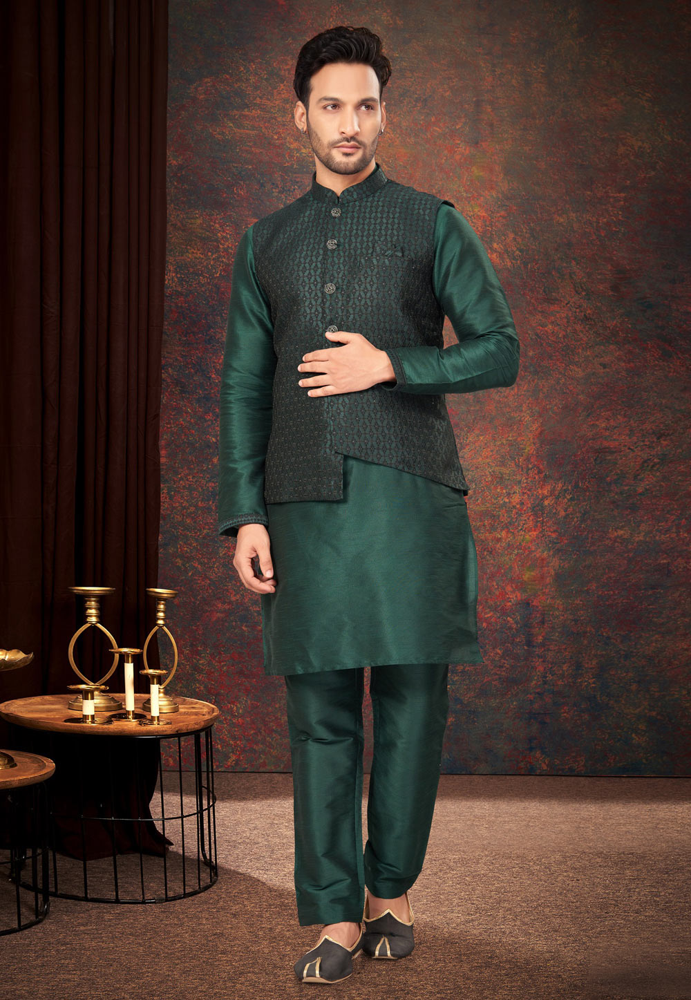 Green Jacquard Kurta Pajama With Jacket 283997