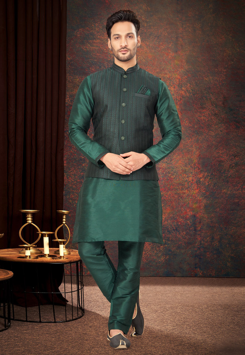 Green Jacquard Kurta Pajama With Jacket 283999