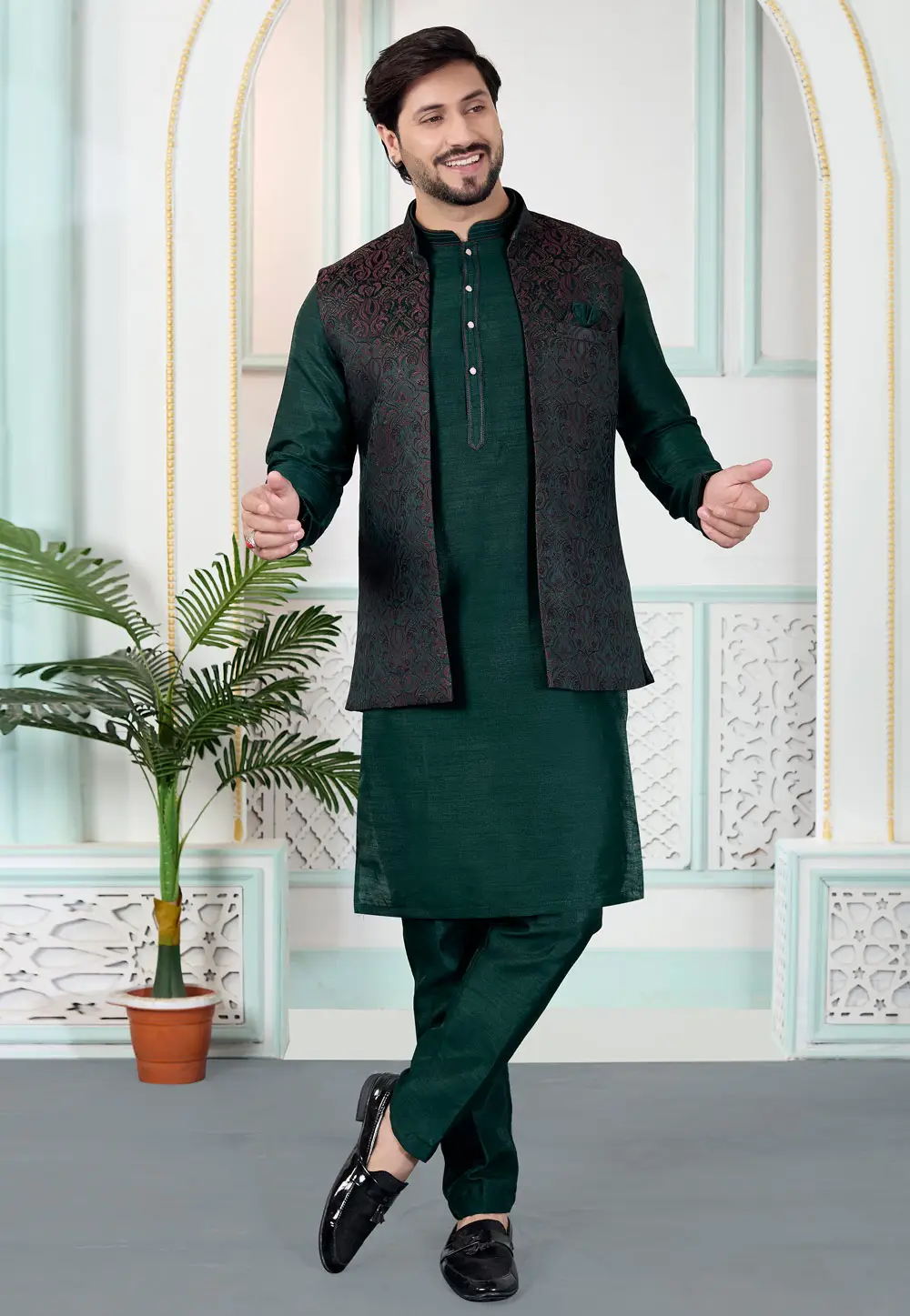 Green Jacquard Kurta Pajama With Jacket 335930