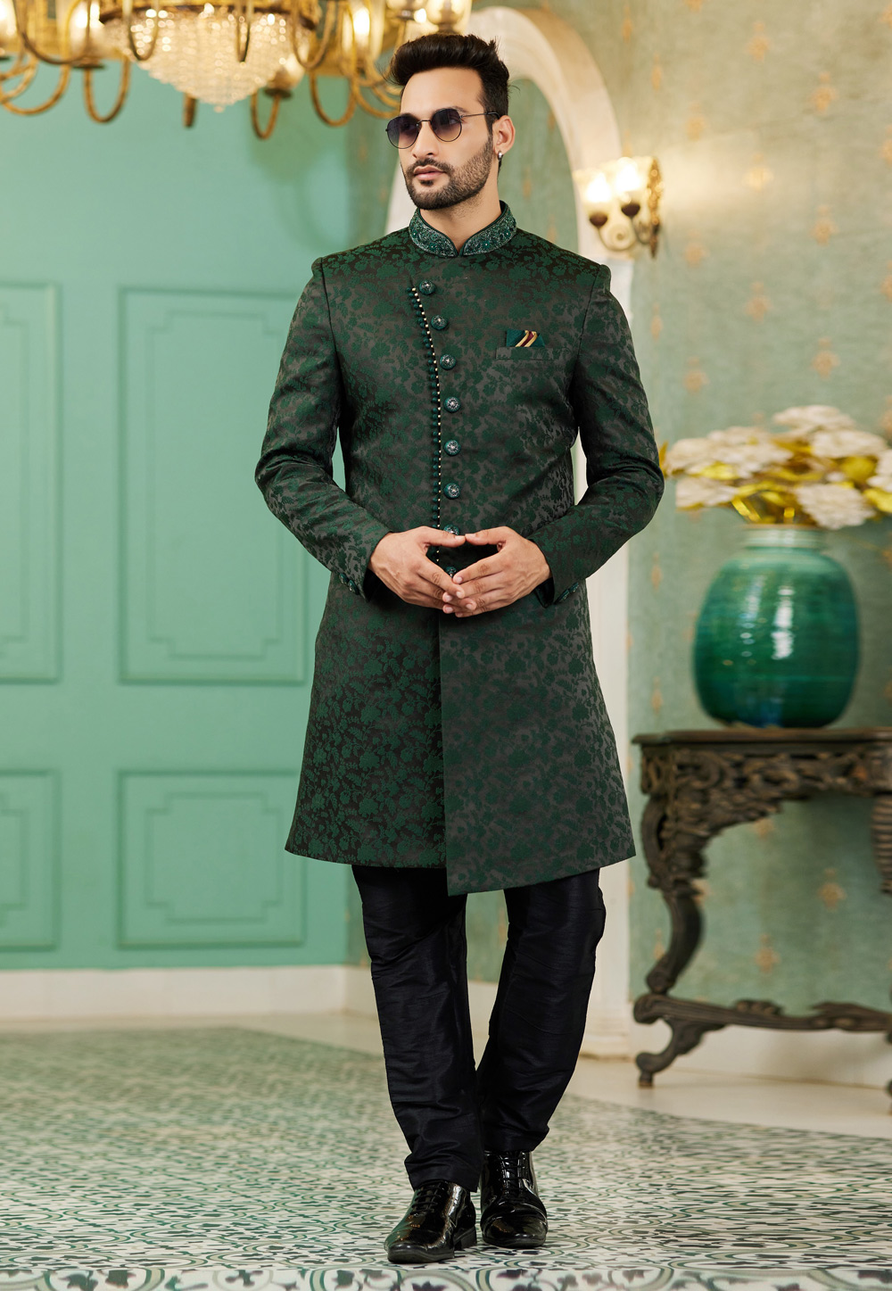 Green Jacquard Silk Indo Western Sherwani 278304