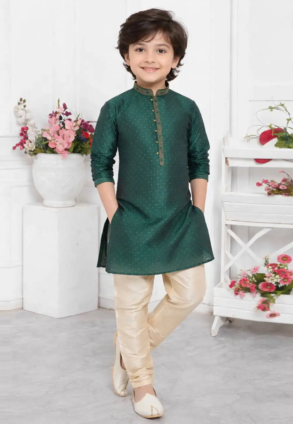 Green Jacquard Silk Kids Kurta Pajama 330784
