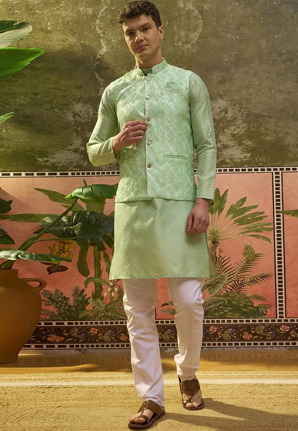 Green Jacquard Silk Kurta Pajama With Jacket 331566
