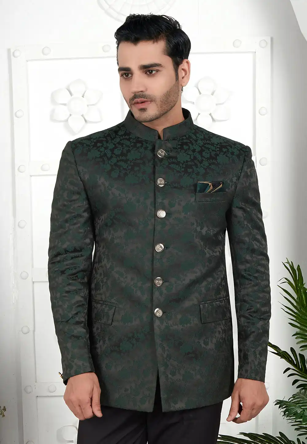 Green Jacquard Silk Jodhpuri Jacket 280384