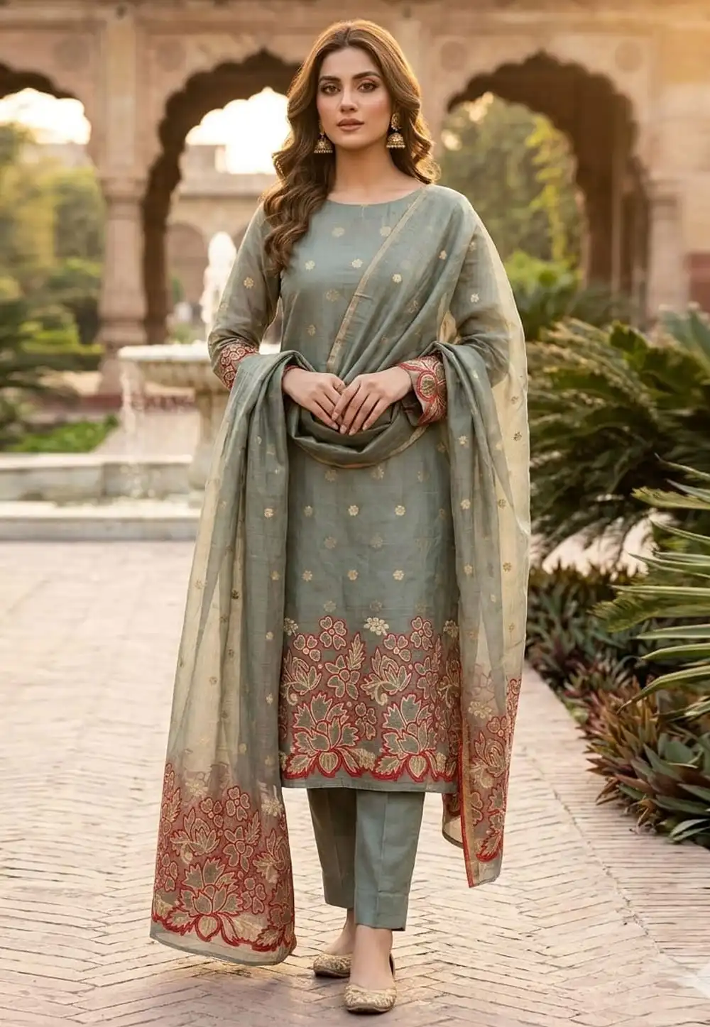 Green Jacquard Silk Pakistani Suit 330326