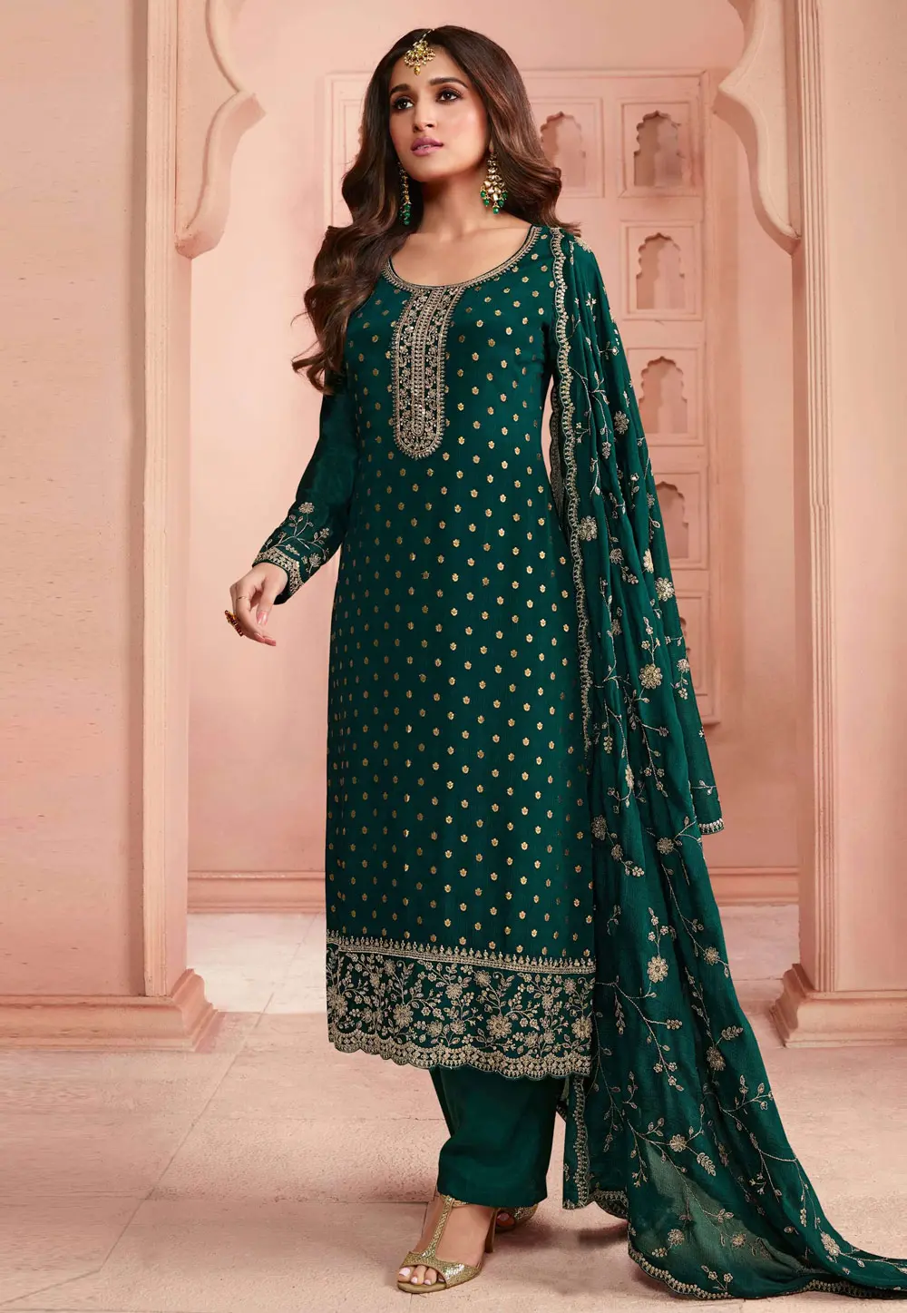 Green Jacquard Silk Pant Style Suit 301268