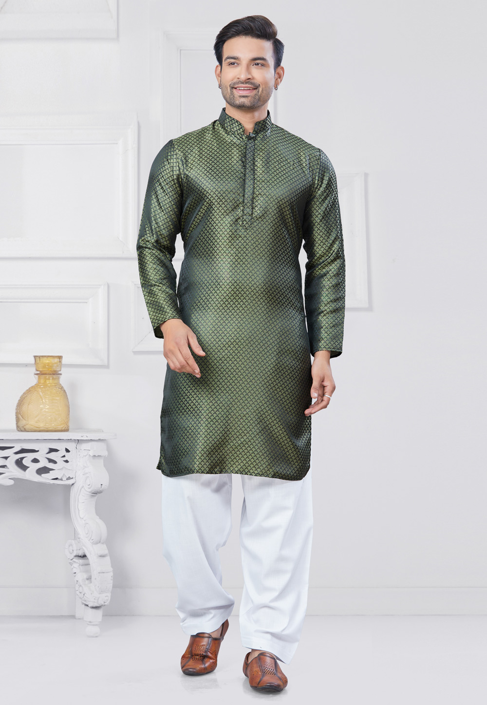 Green Jacquard Silk Pathani Suit 307349