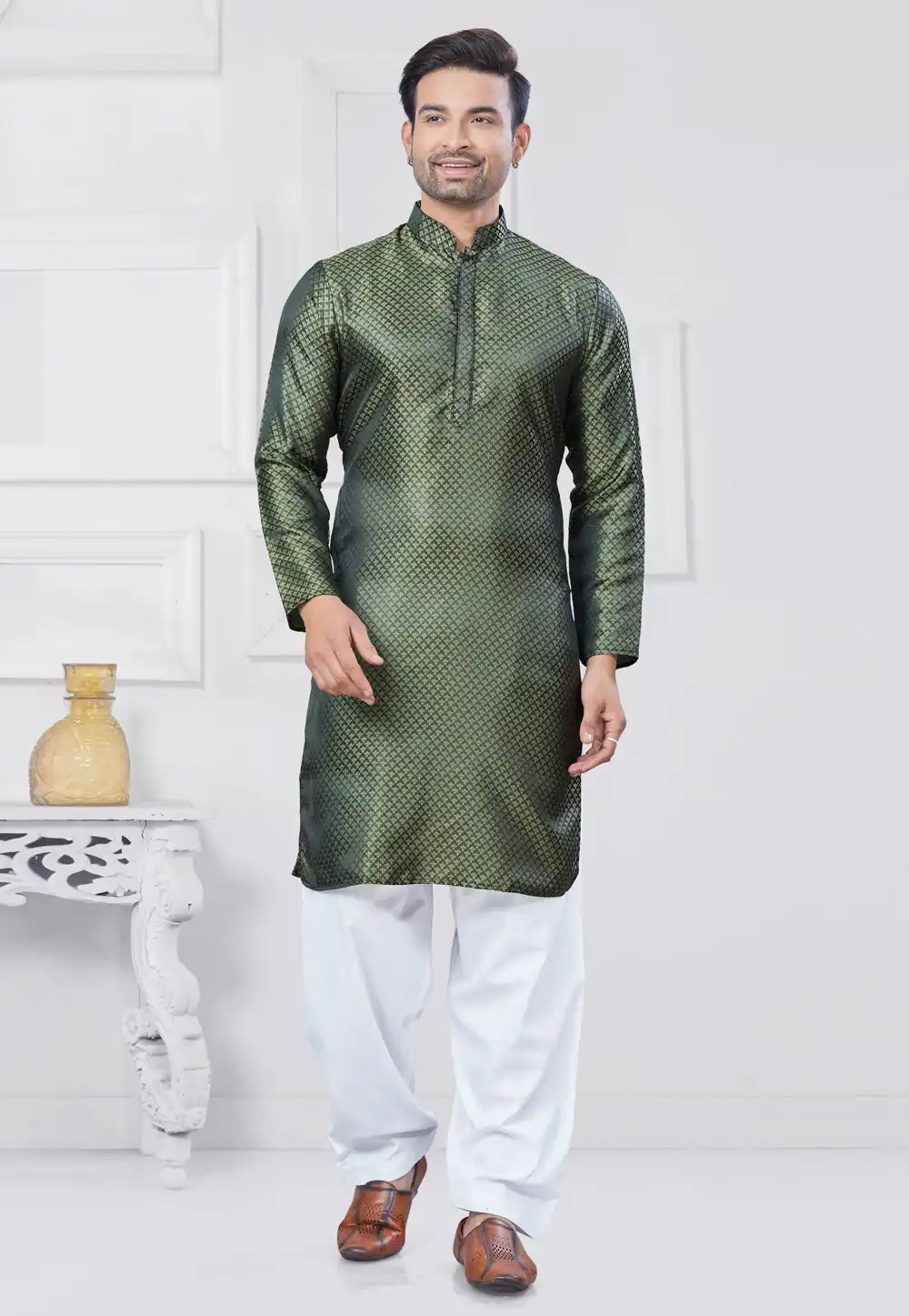 Green Jacquard Silk Pathani Suit 307349