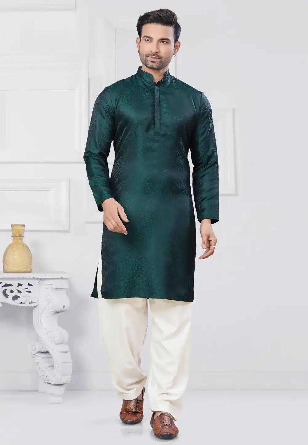 Green Jacquard Silk Pathani Suit 307355