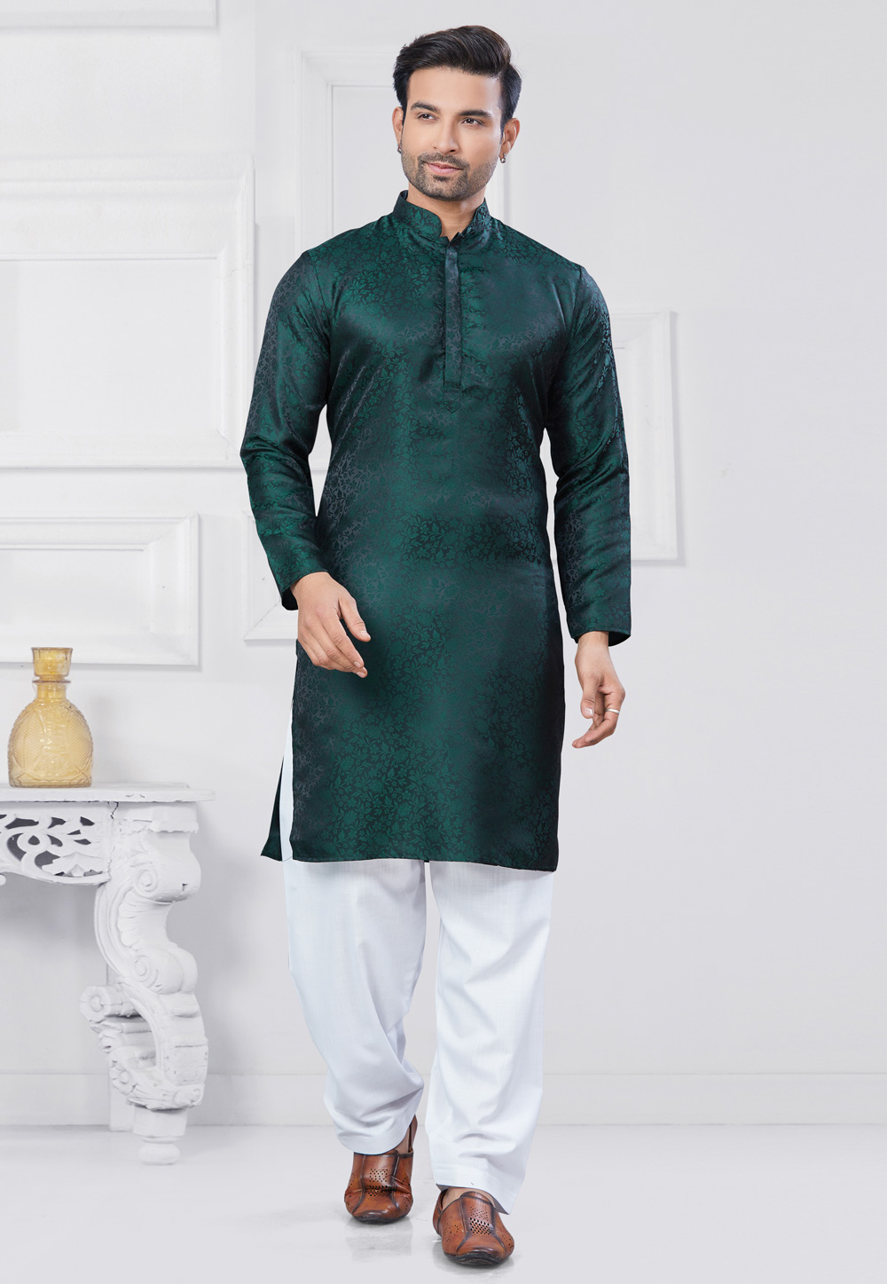 Green Jacquard Silk Pathani Suit 307355
