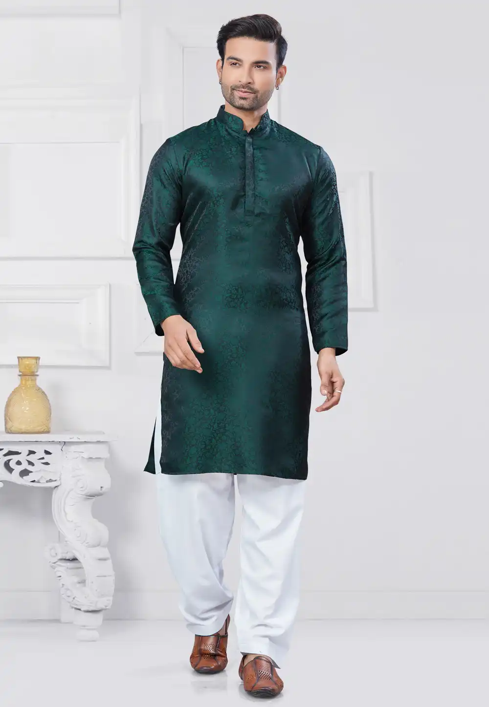 Green Jacquard Silk Pathani Suit 307355