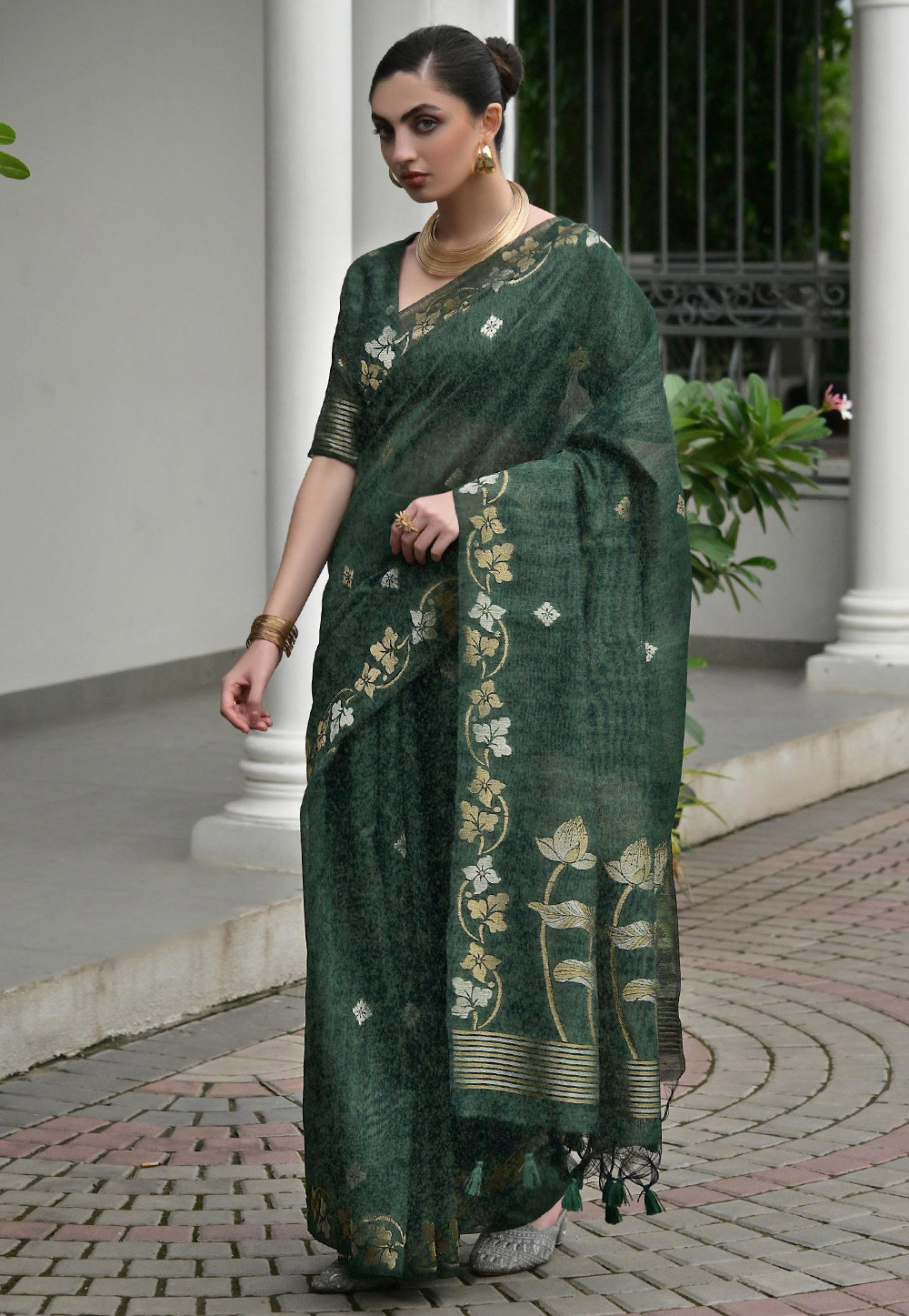 Green Jute Saree With Blouse 325226