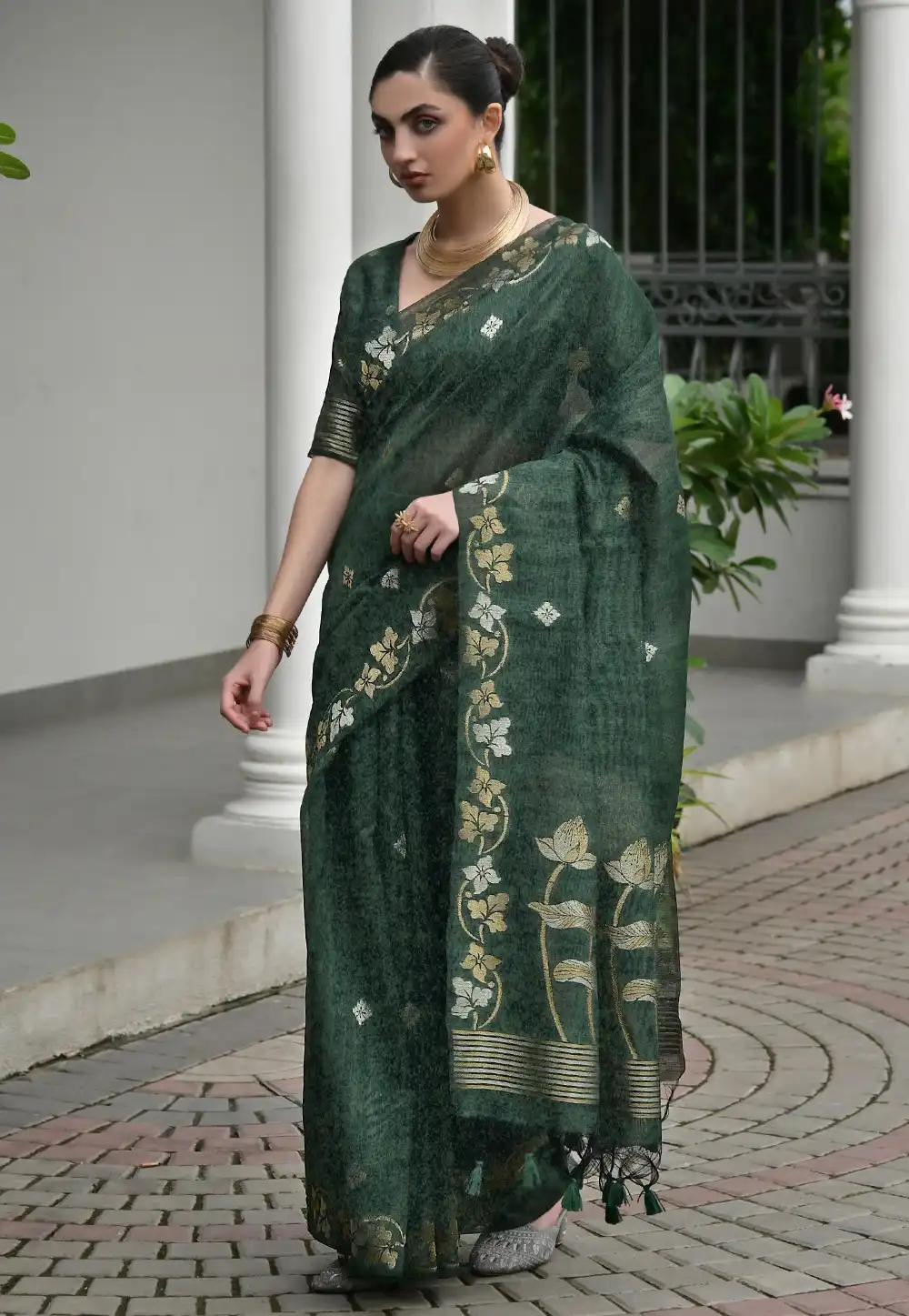 Green Jute Saree With Blouse 325226