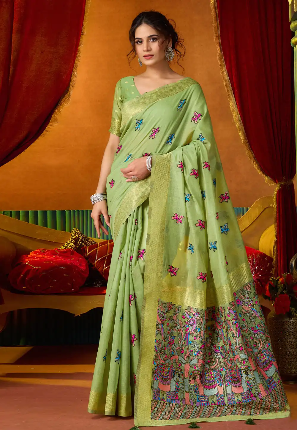 Green Khadi Cotton Saree With Blouse 325394