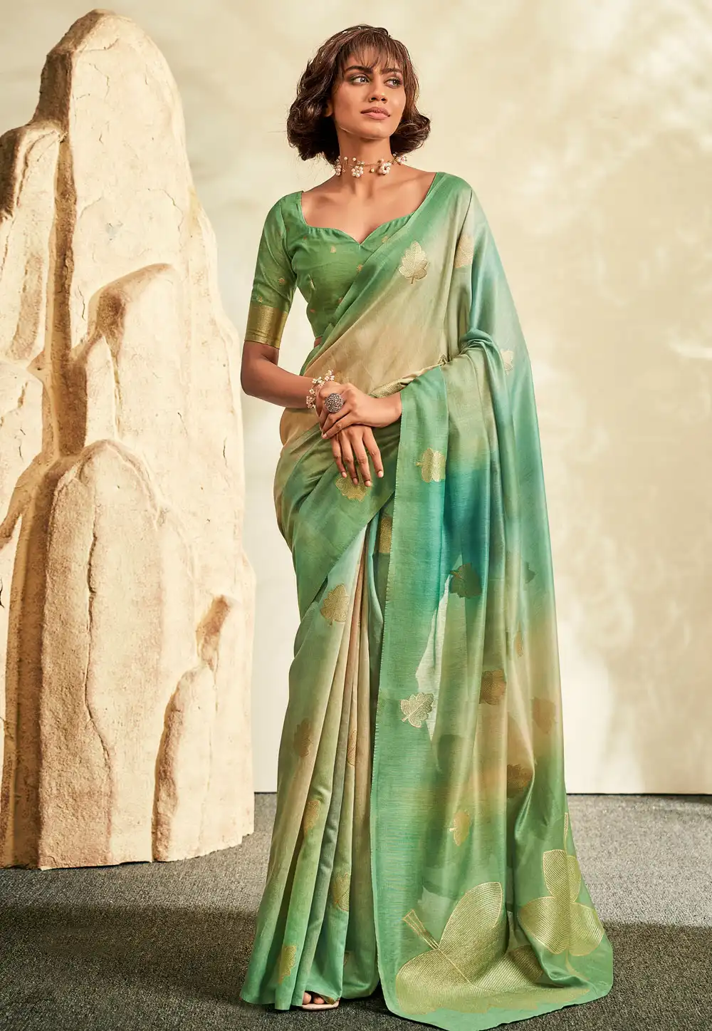 Green Khadi Saree With Blouse 283825