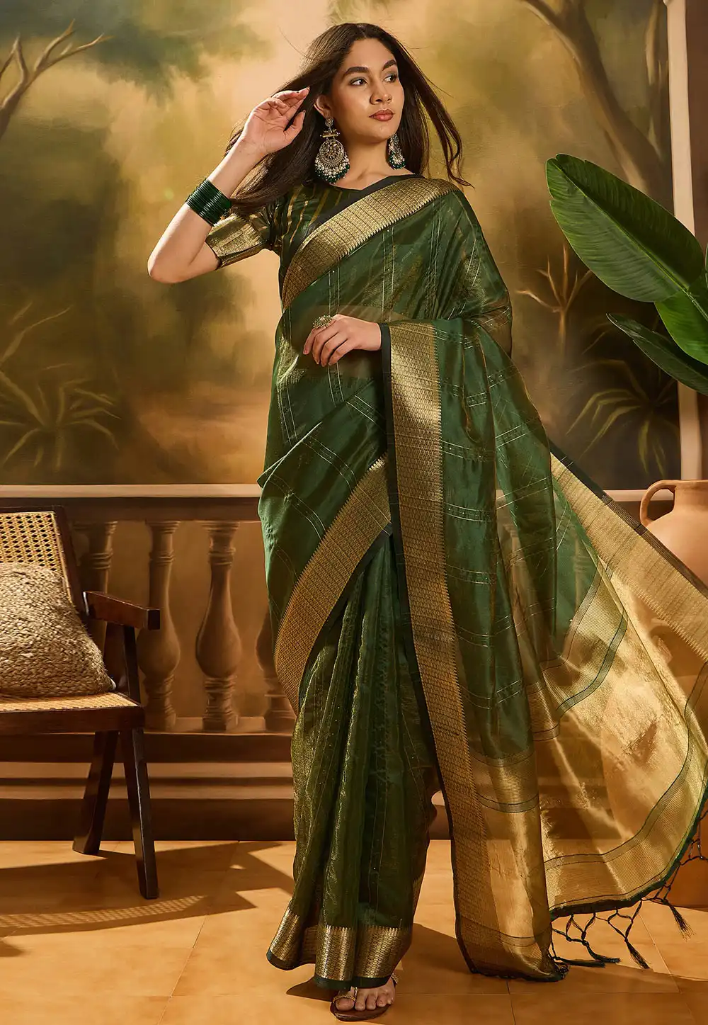 Green Khadi Saree With Blouse 309138