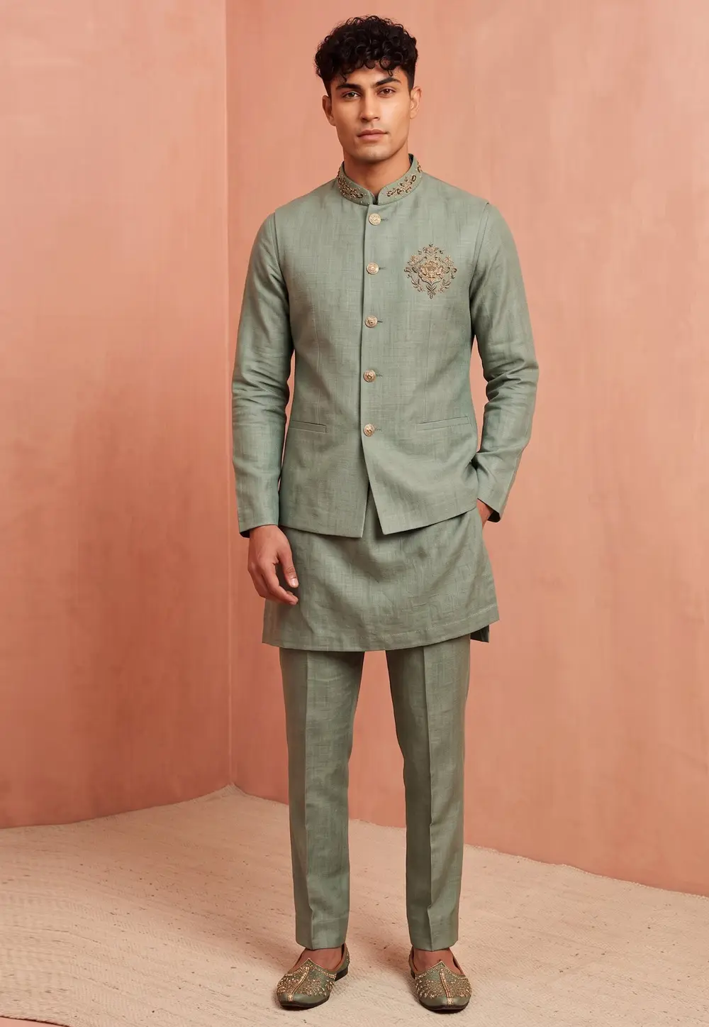 Green Linen Kurta Pajama With Jacket 333754