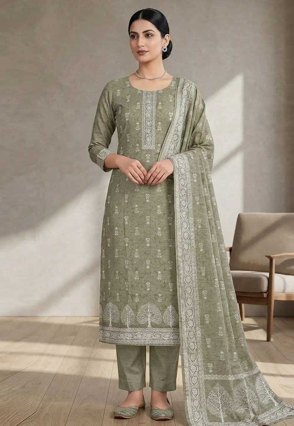 Green Linen Pakistani Suit 327909