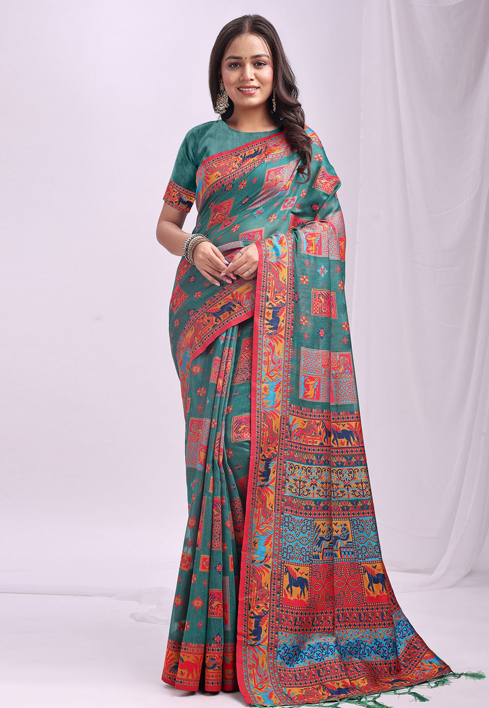 Green Linen Saree With Blouse 312308