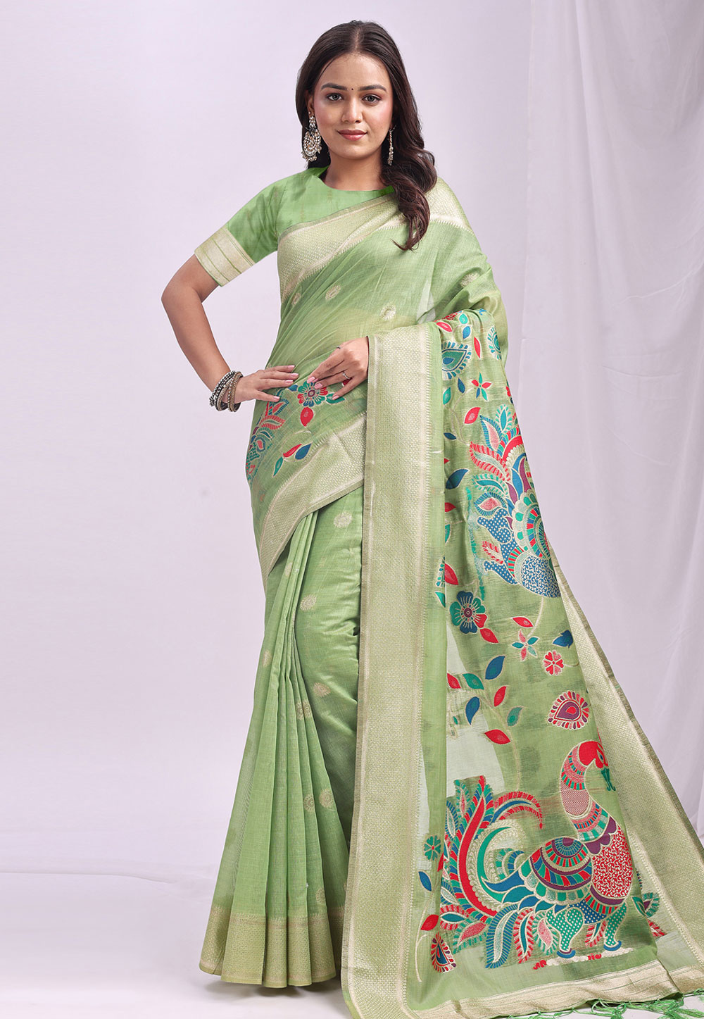 Green Linen Saree With Blouse 312460