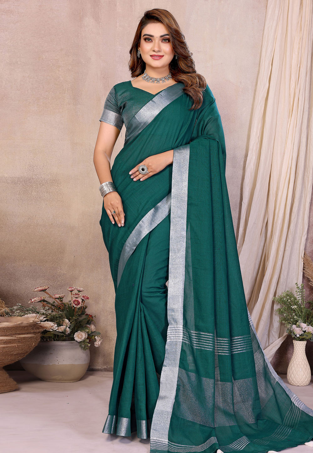 Green Linen Saree With Blouse 319828