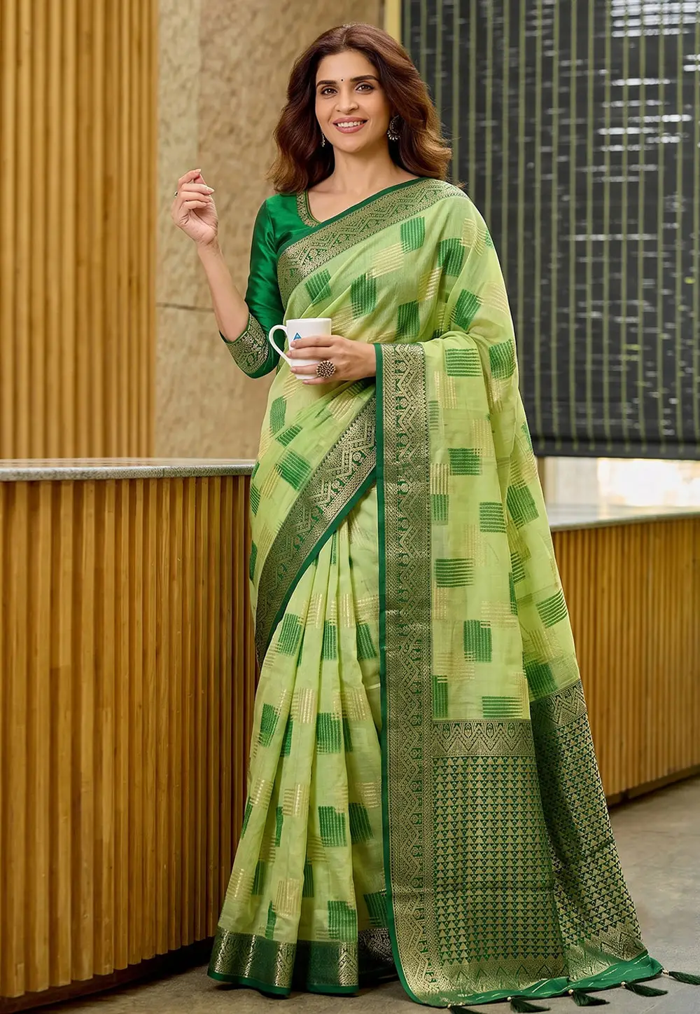 Green Linen Saree With Blouse 333395