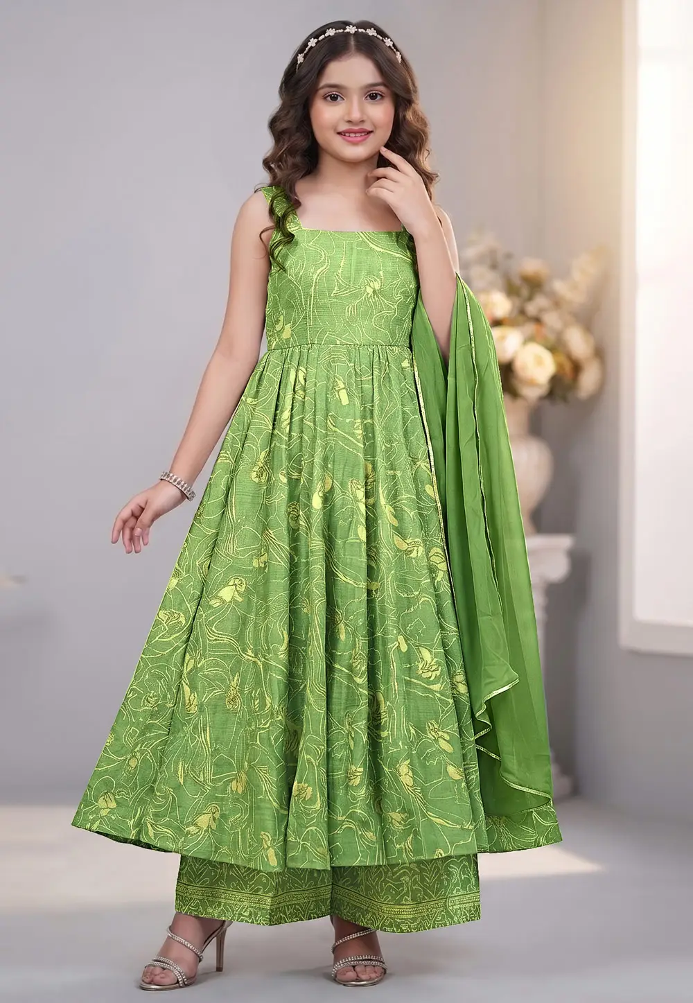 Green Muslin Kids Palazzo Suit 334005
