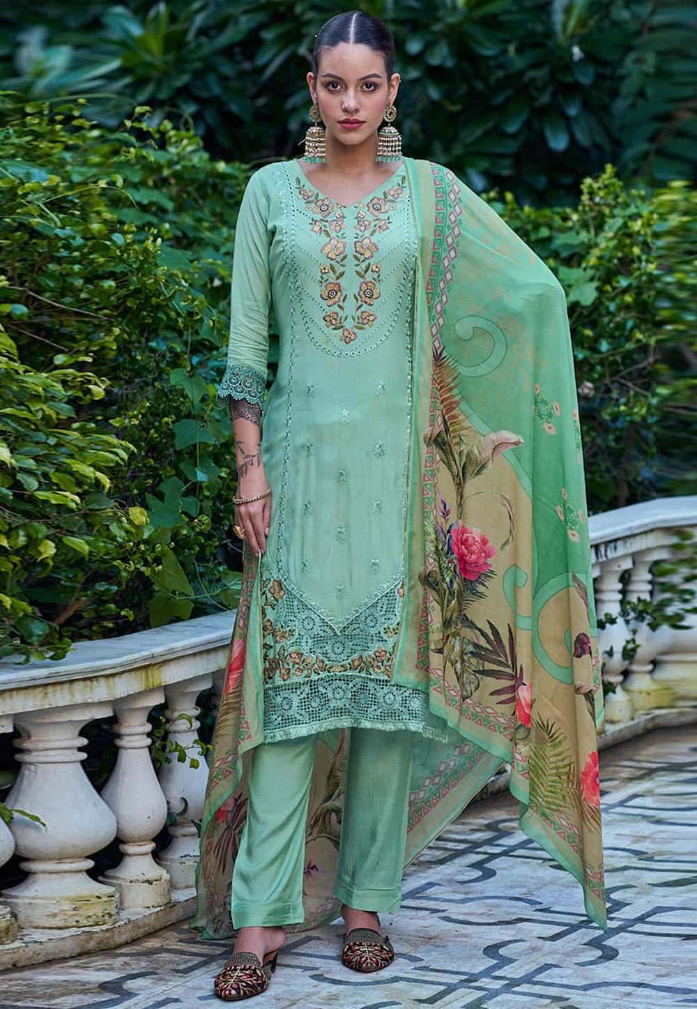 Green Muslin Pant Style Suit 310146