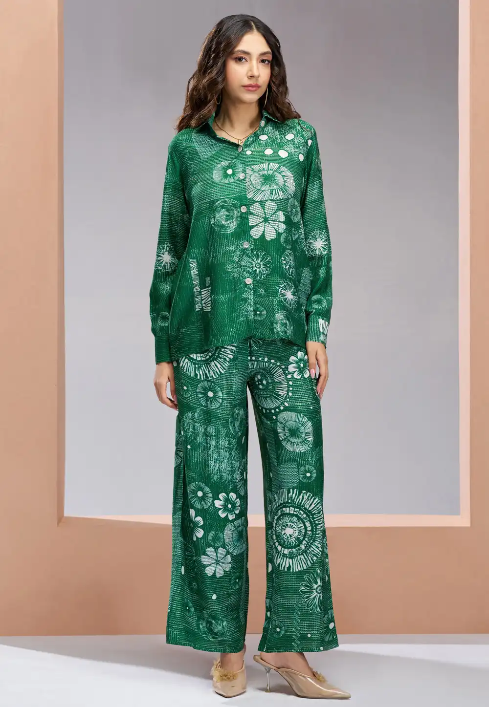 Green Muslin Printed Co-Ords Set 307029