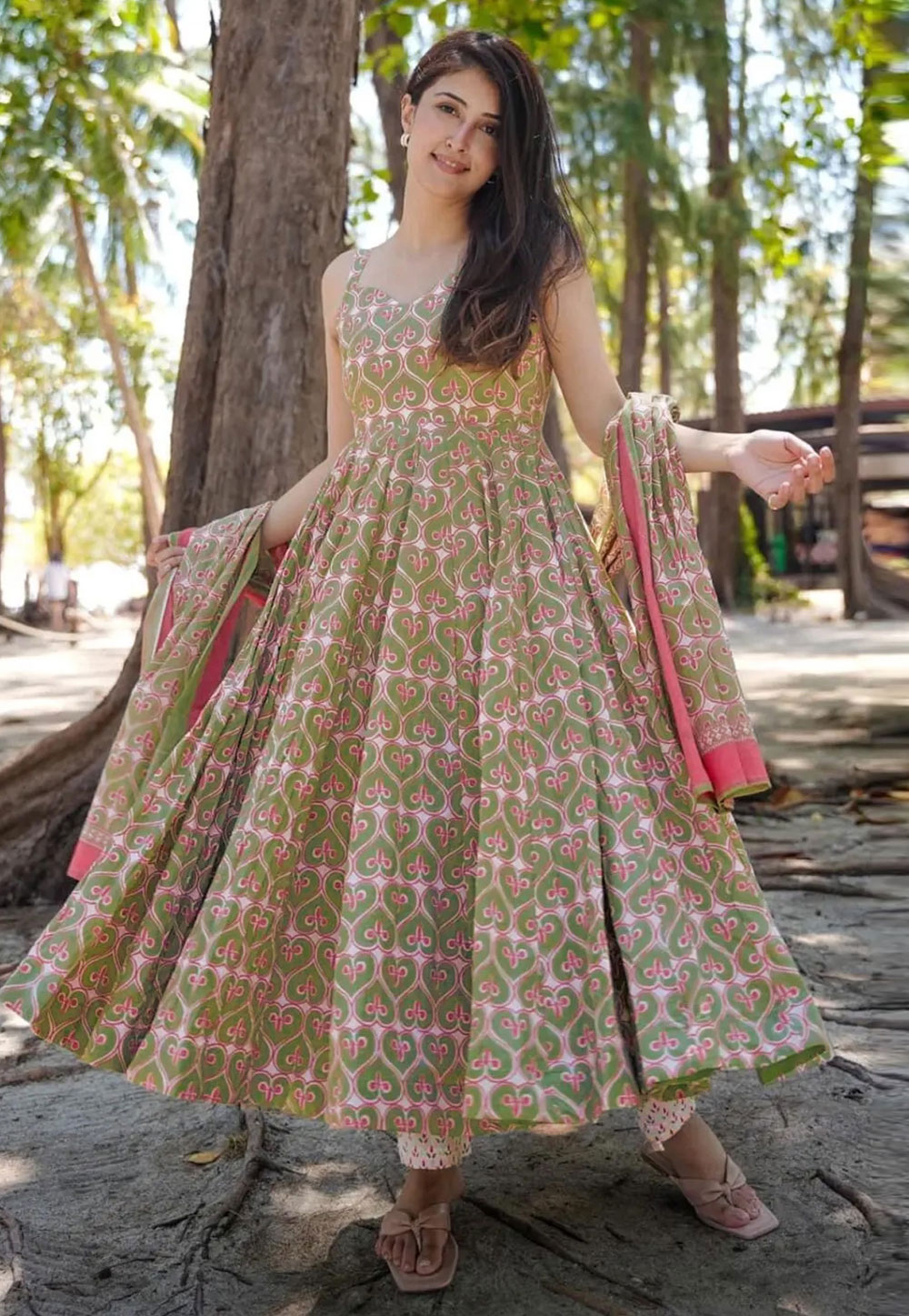 Green Muslin Readymade Anarkali Suit 307444
