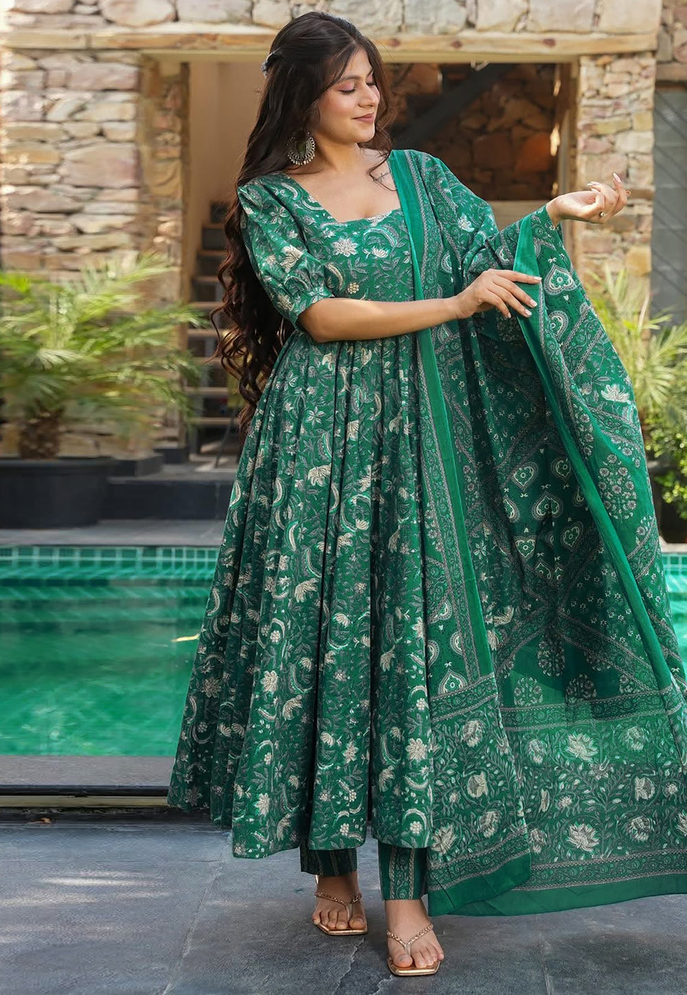Green Muslin Readymade Anarkali Suit 324750