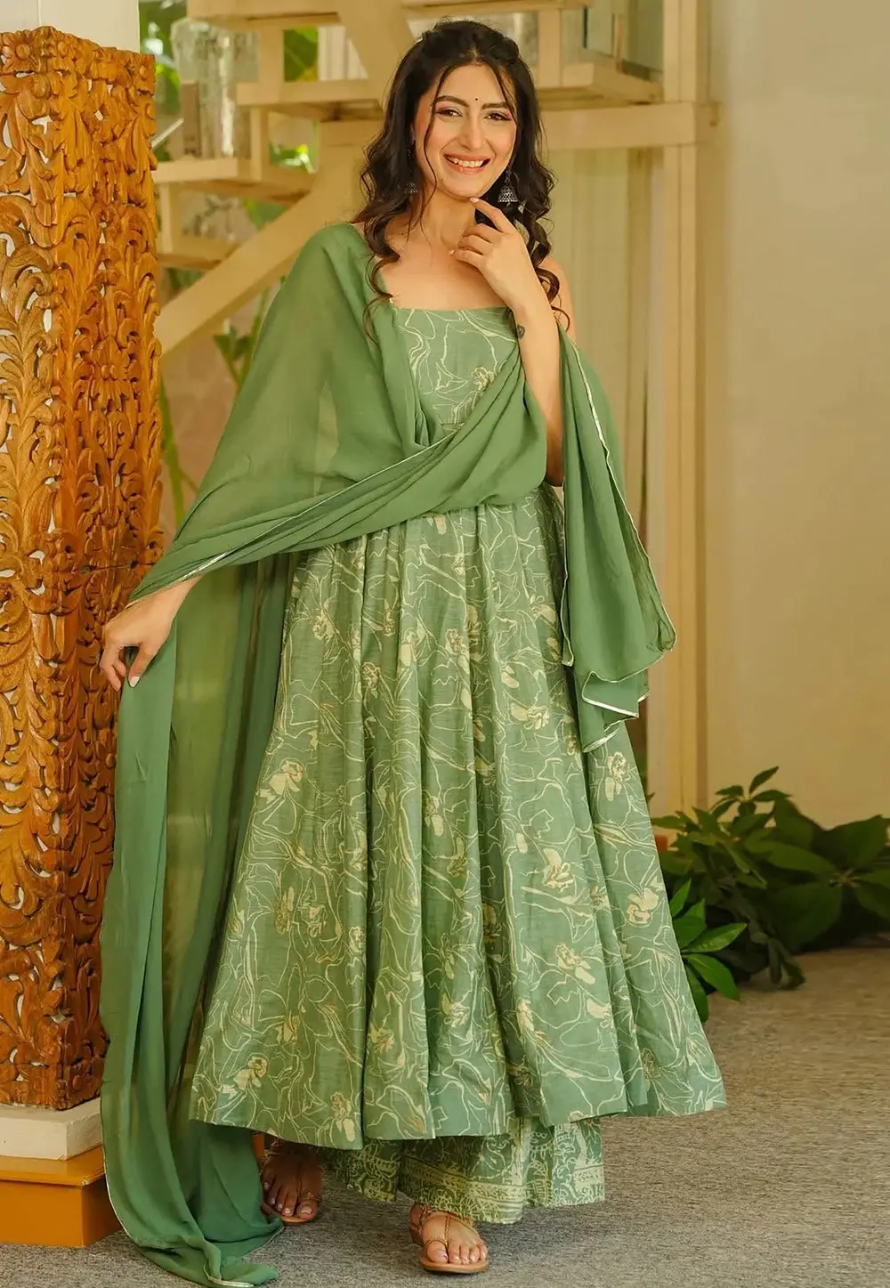 Green Muslin Readymade Palazzo Suit 331466