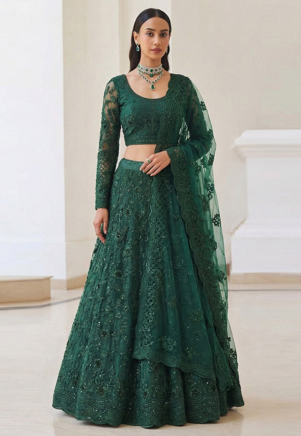 Green Net A Line Lehenga Choli 322067
