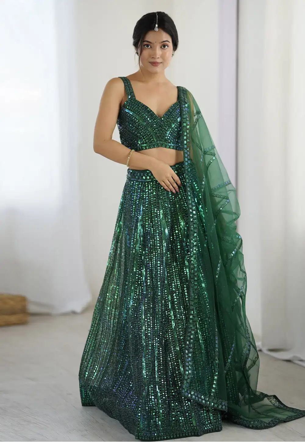 Green Net A Line Lehenga Choli 314957