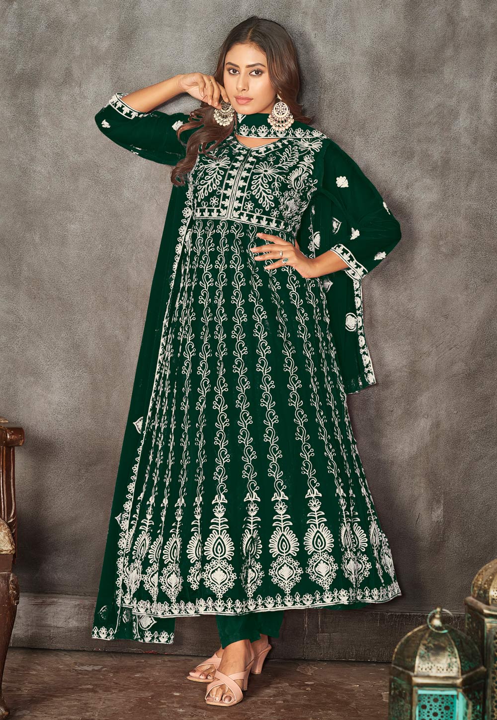 Green Net Anarkali Suit 282449