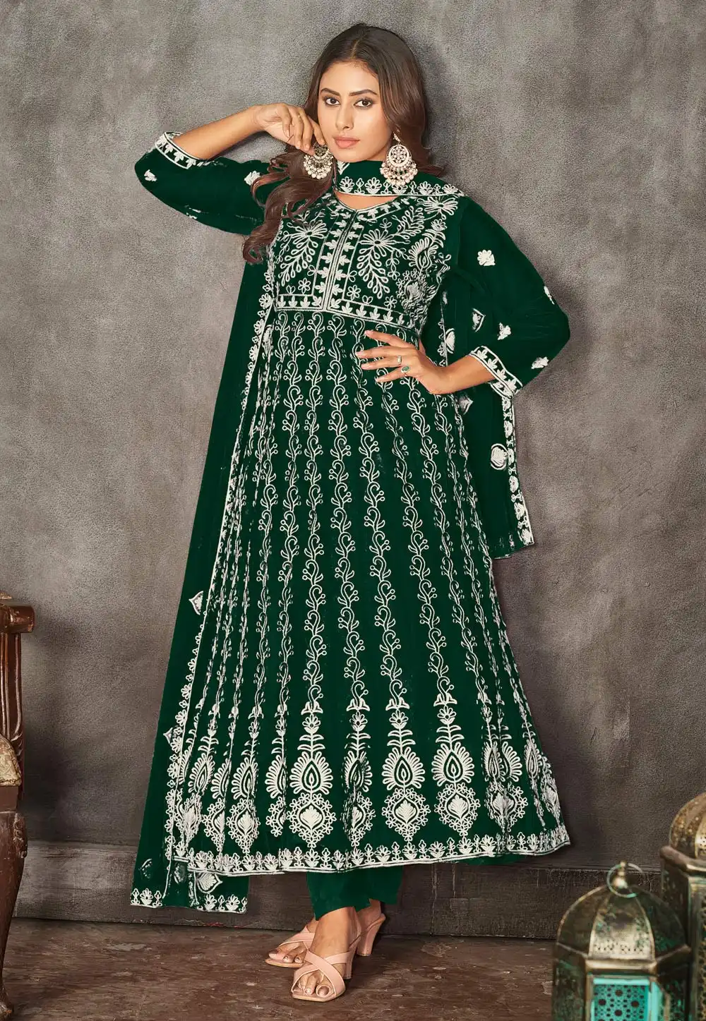 Green Net Anarkali Suit 282449