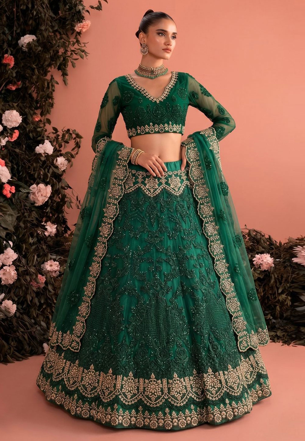 Green Net Circular Lehenga Choli 330152