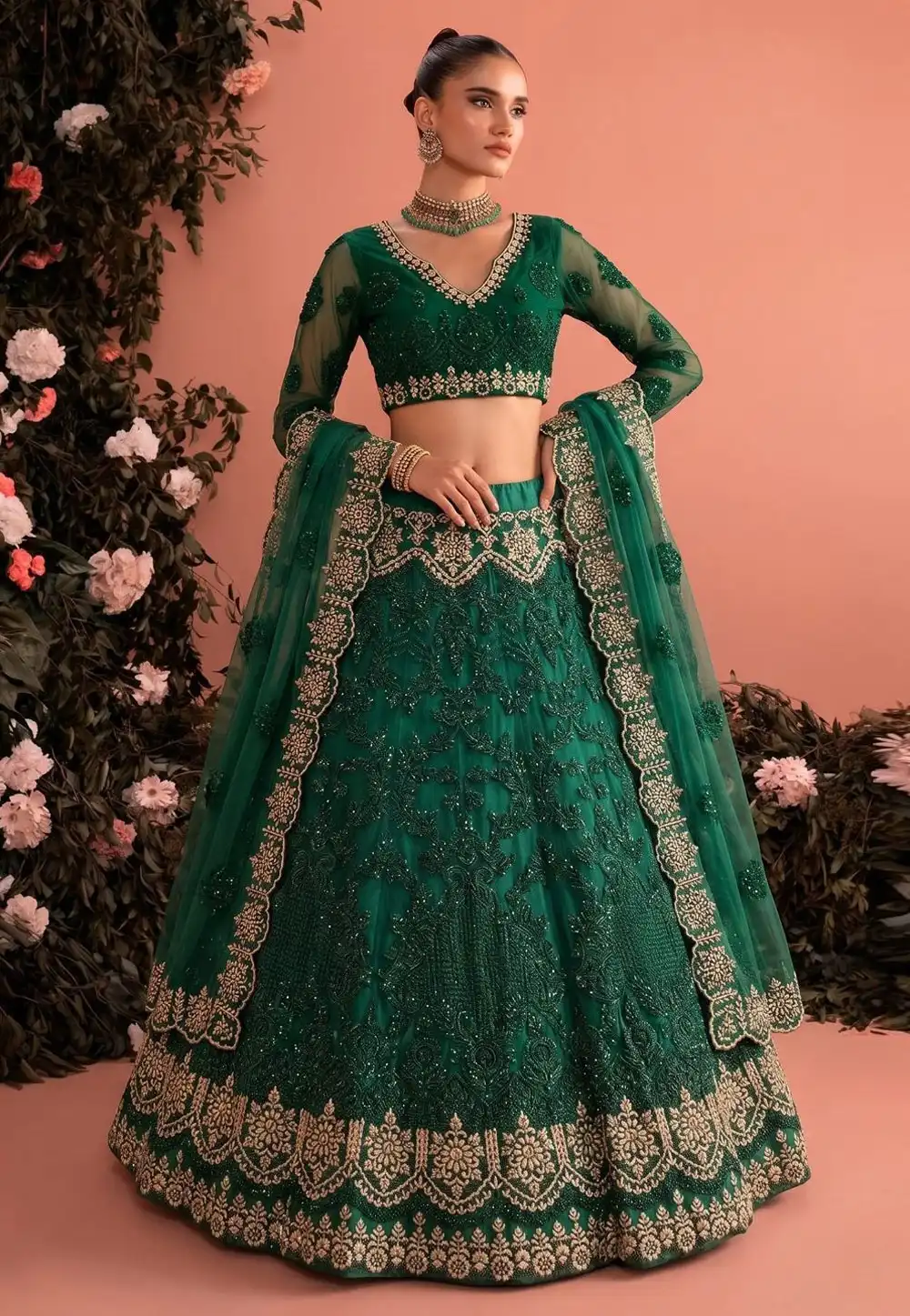 Green Net Circular Lehenga Choli 330152