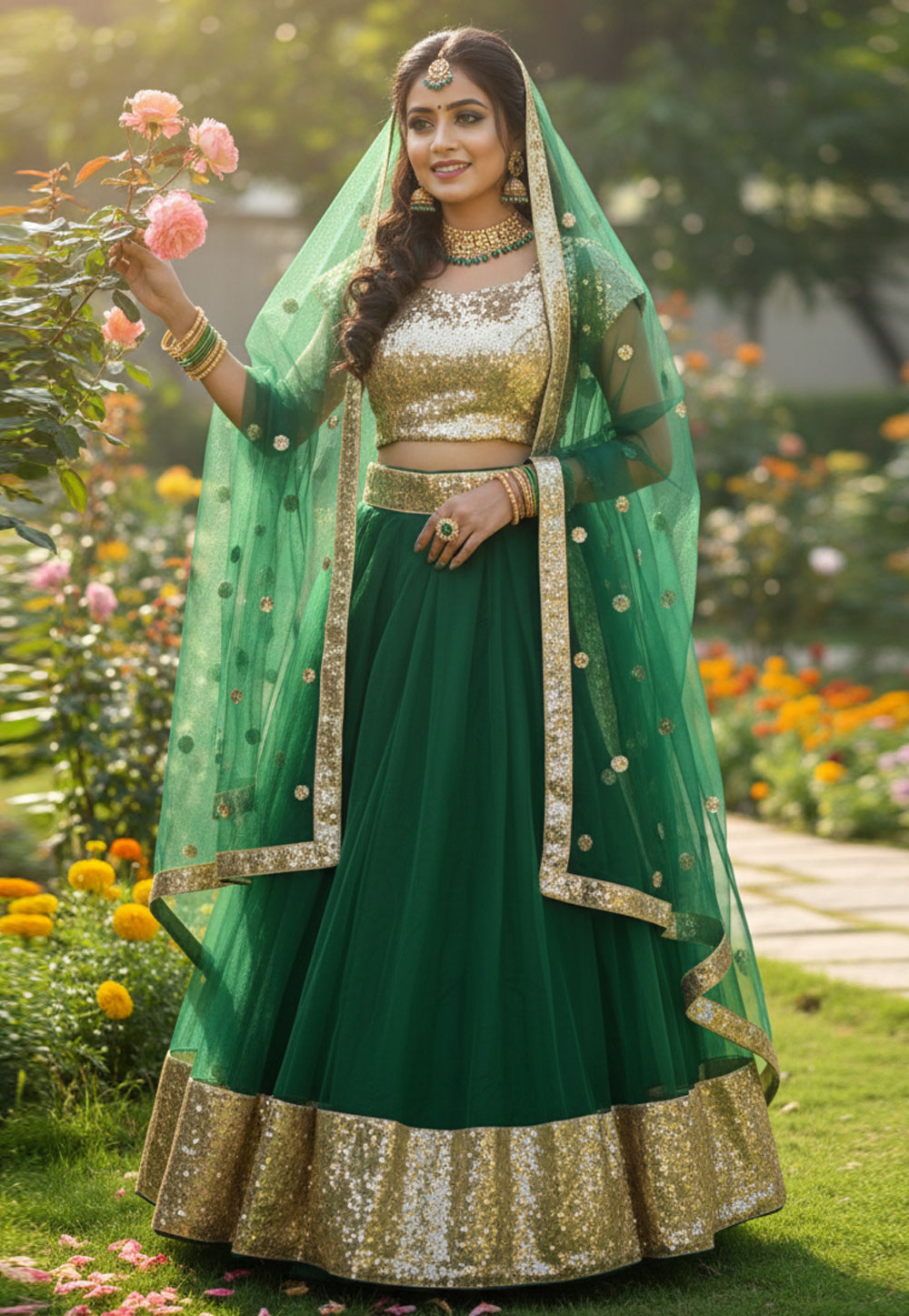 Green Net Circular Lehenga Choli 320210