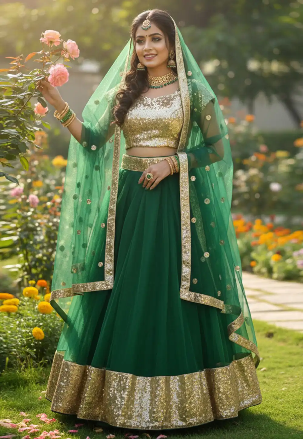 Green Net Circular Lehenga Choli 320210