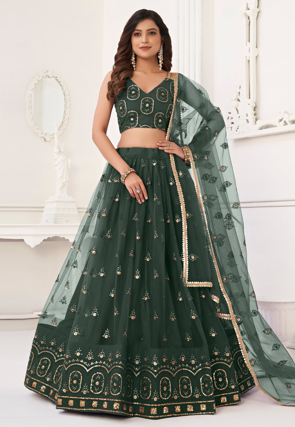 Green Net Circular Lehenga Choli 283687